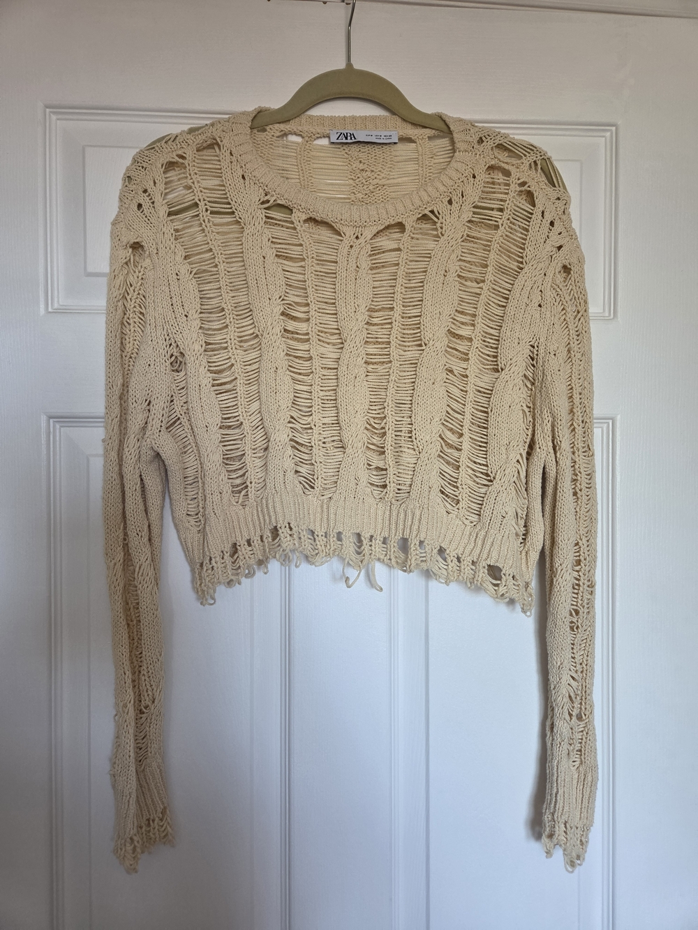 Zara Cream Open-Weave Cropped Crewneck Sweater